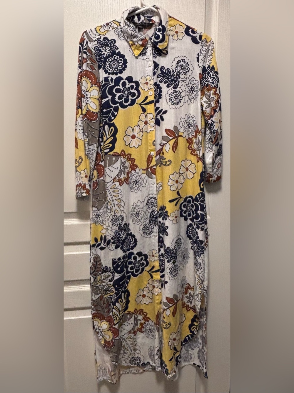 Charlie B Maxi Shirtdress Linen Blend Floral Roll Tab 3/4 Sleeves oversized XS